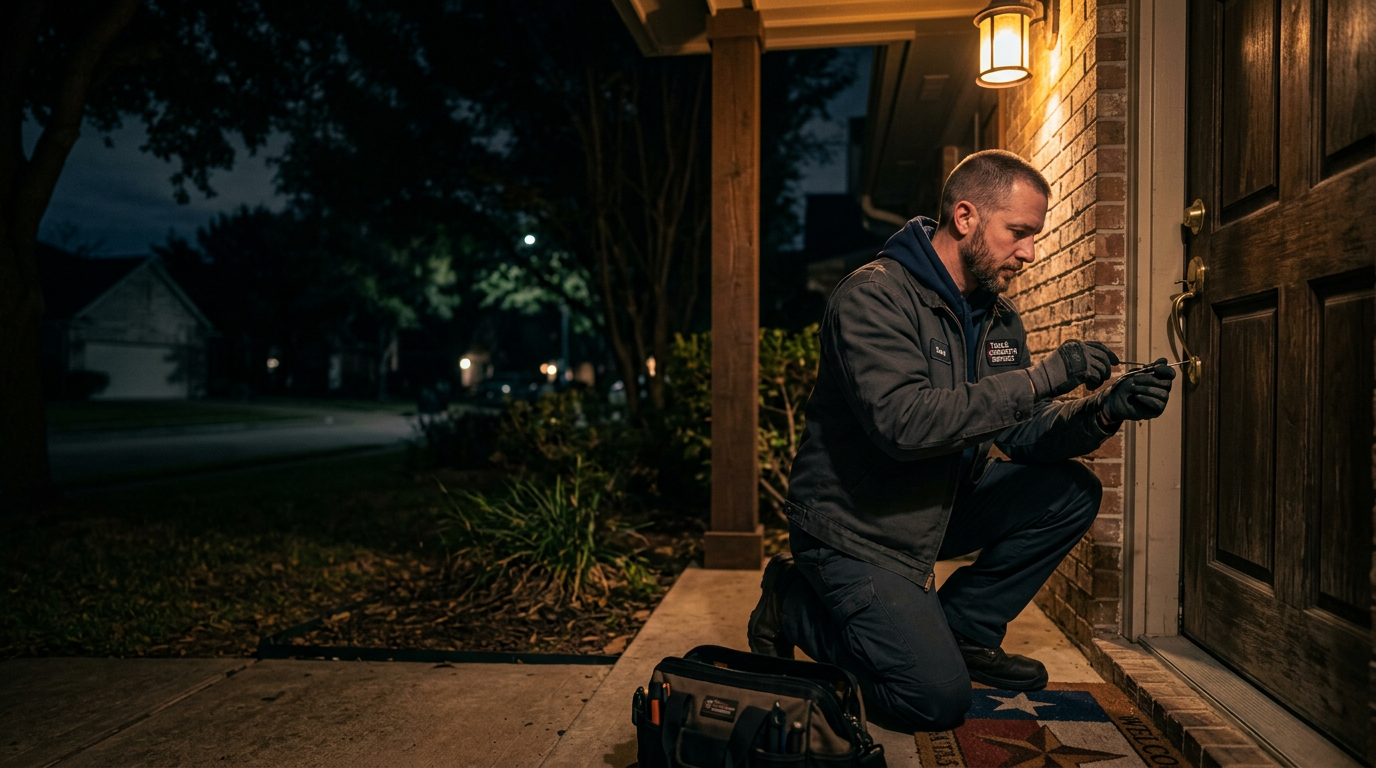 Doc And Lock technician rekeying a front door deadbolt at night