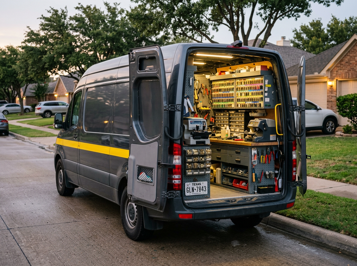 Mobile locksmith van with an organized workshop in the back