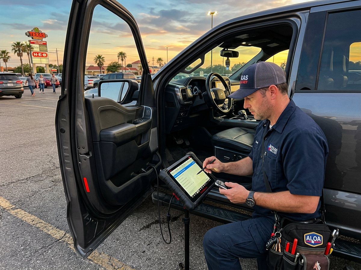 Locksmith programming a key fob next to a pickup truck