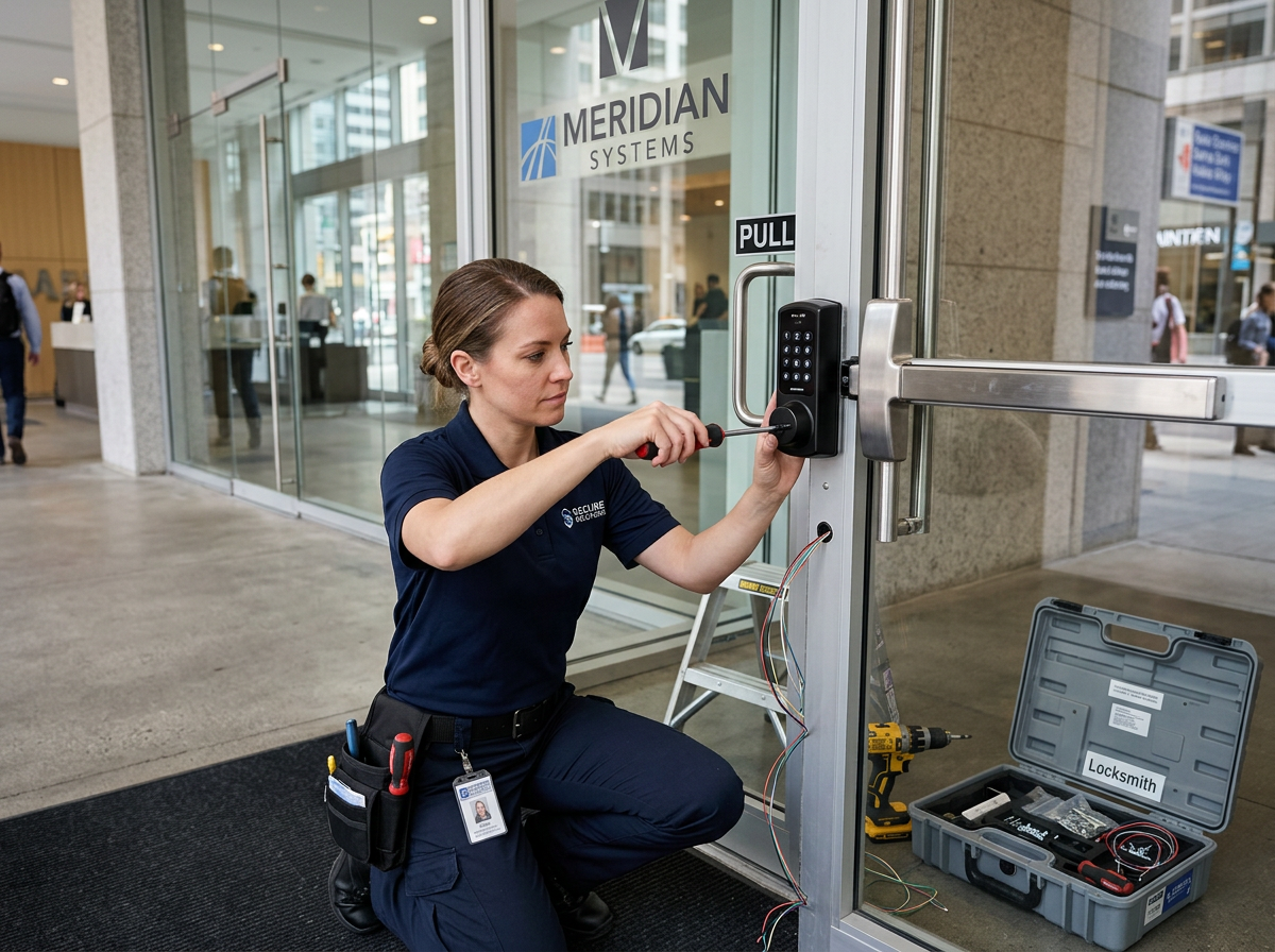 Locksmith installing keypad access control on a storefront door