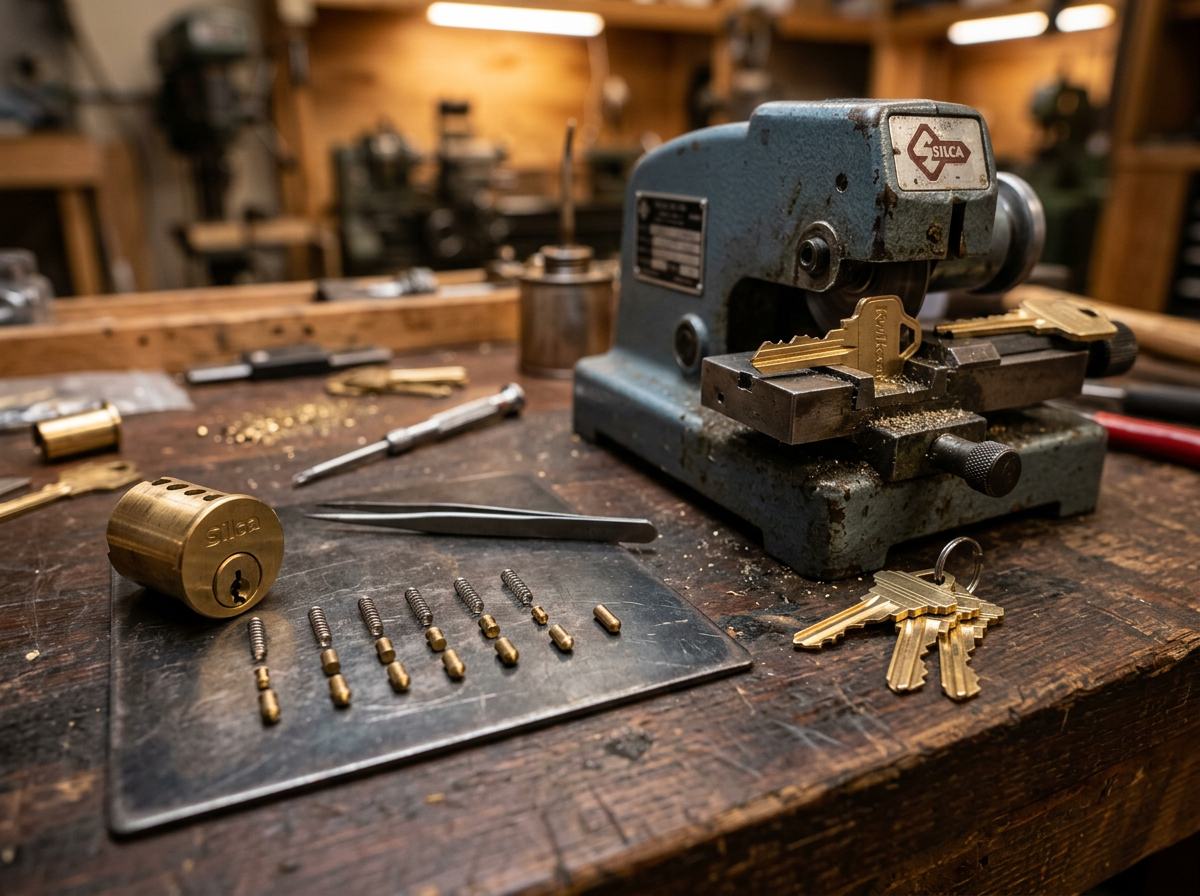 Disassembled lock cylinder pins next to freshly cut keys